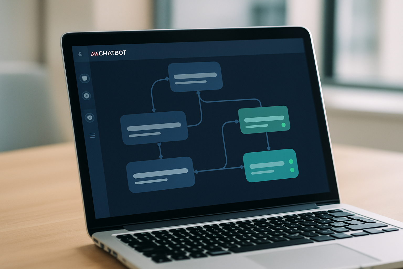 Modern AI chatbot interface showing conversation flows and customer engagement metrics on a laptop screen