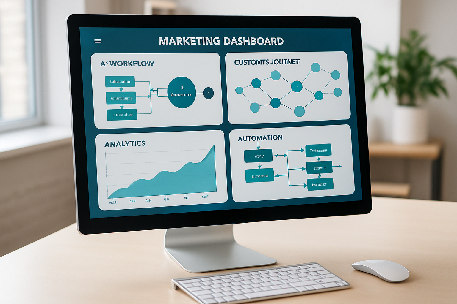 Modern marketing dashboard showing AI automation workflows with analytics graphs and customer journey maps on multiple screens in a small business office setting