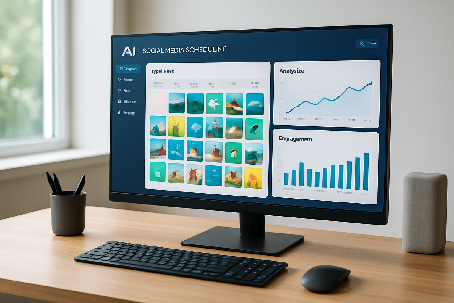 Modern workspace showing AI-powered social media scheduling dashboard with analytics graphs and content calendar on computer screen