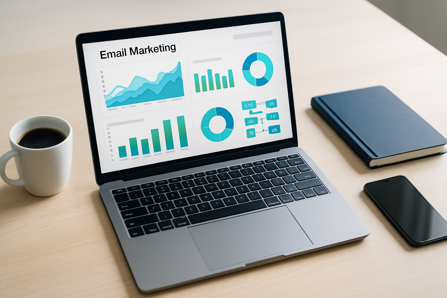 Modern workspace showing AI email marketing dashboard with colorful analytics charts and automation workflows on a laptop screen
