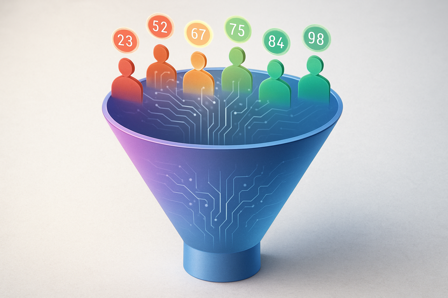 Digital dashboard showing AI-powered lead scoring interface with color-coded lead quality indicators and predictive analytics graphs