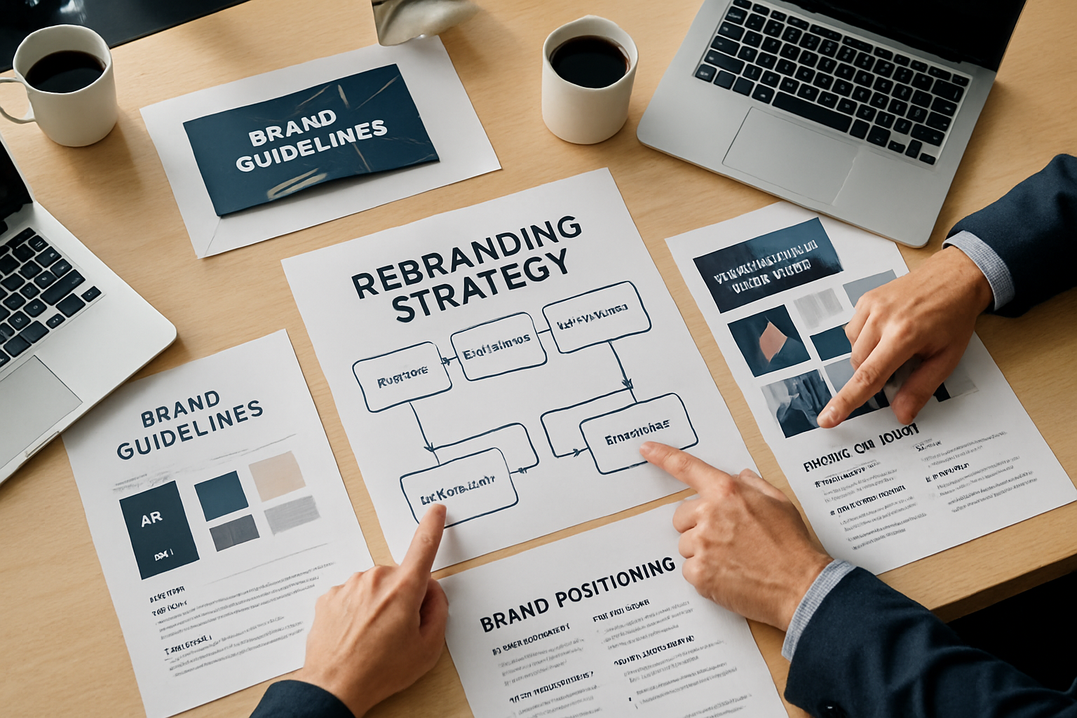 Business team collaborating on rebranding strategy documents with brand guidelines and visual identity materials spread across a conference table