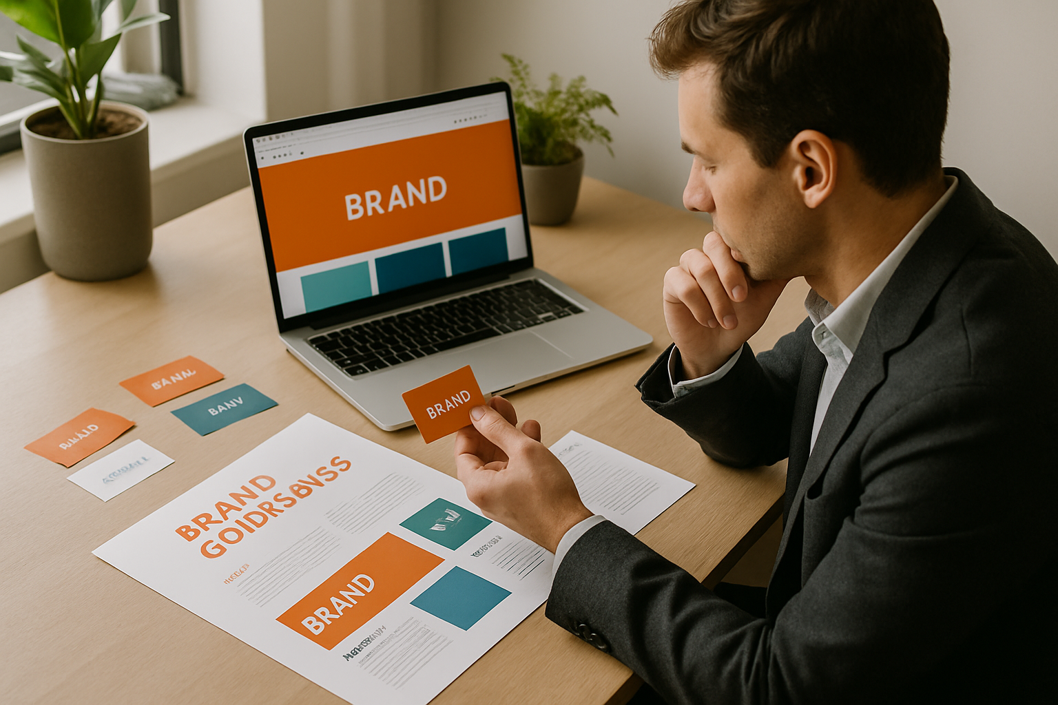 Business owner reviewing brand materials and customer feedback on desk with laptop and marketing documents