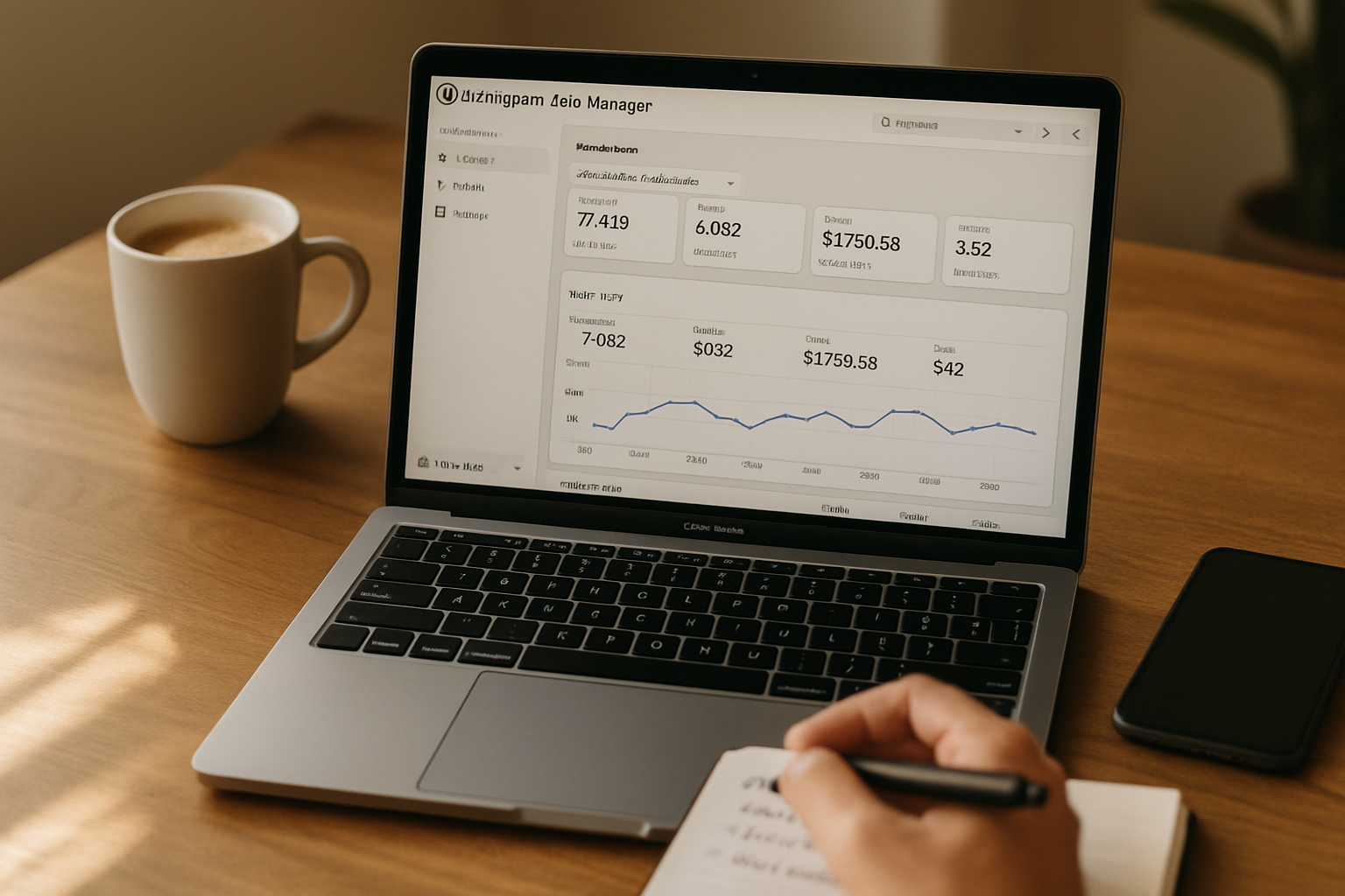 Small business owner reviewing Instagram ad performance metrics on laptop with coffee shop interior in background