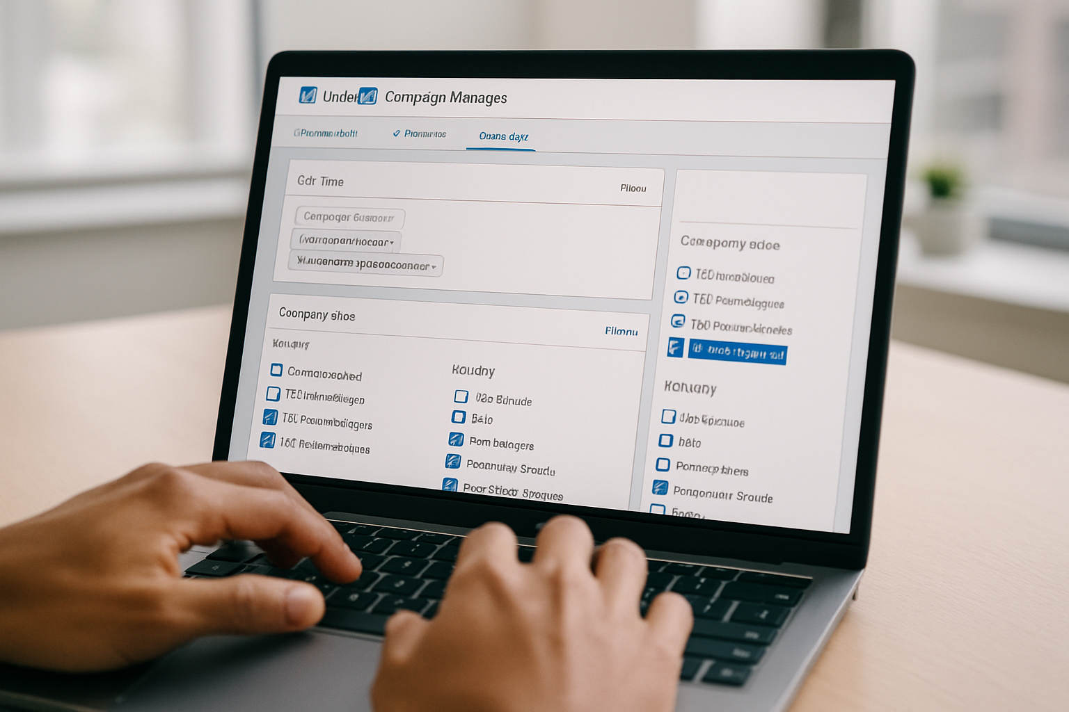 Business professional reviewing LinkedIn advertising dashboard with targeting options and campaign metrics displayed on screen