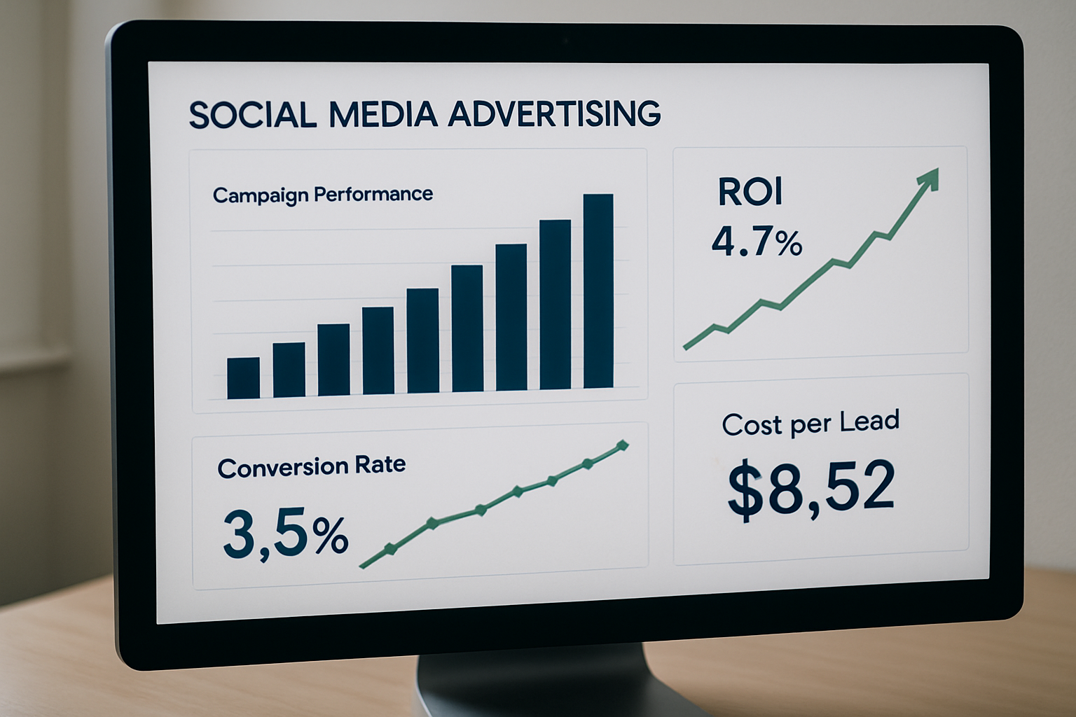 Business owner analyzing social media advertising metrics on laptop with charts showing campaign performance data