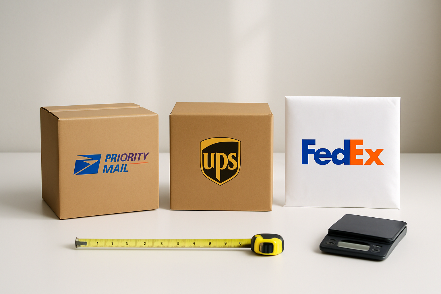 Small business owner comparing shipping carrier rates on laptop with packages in background