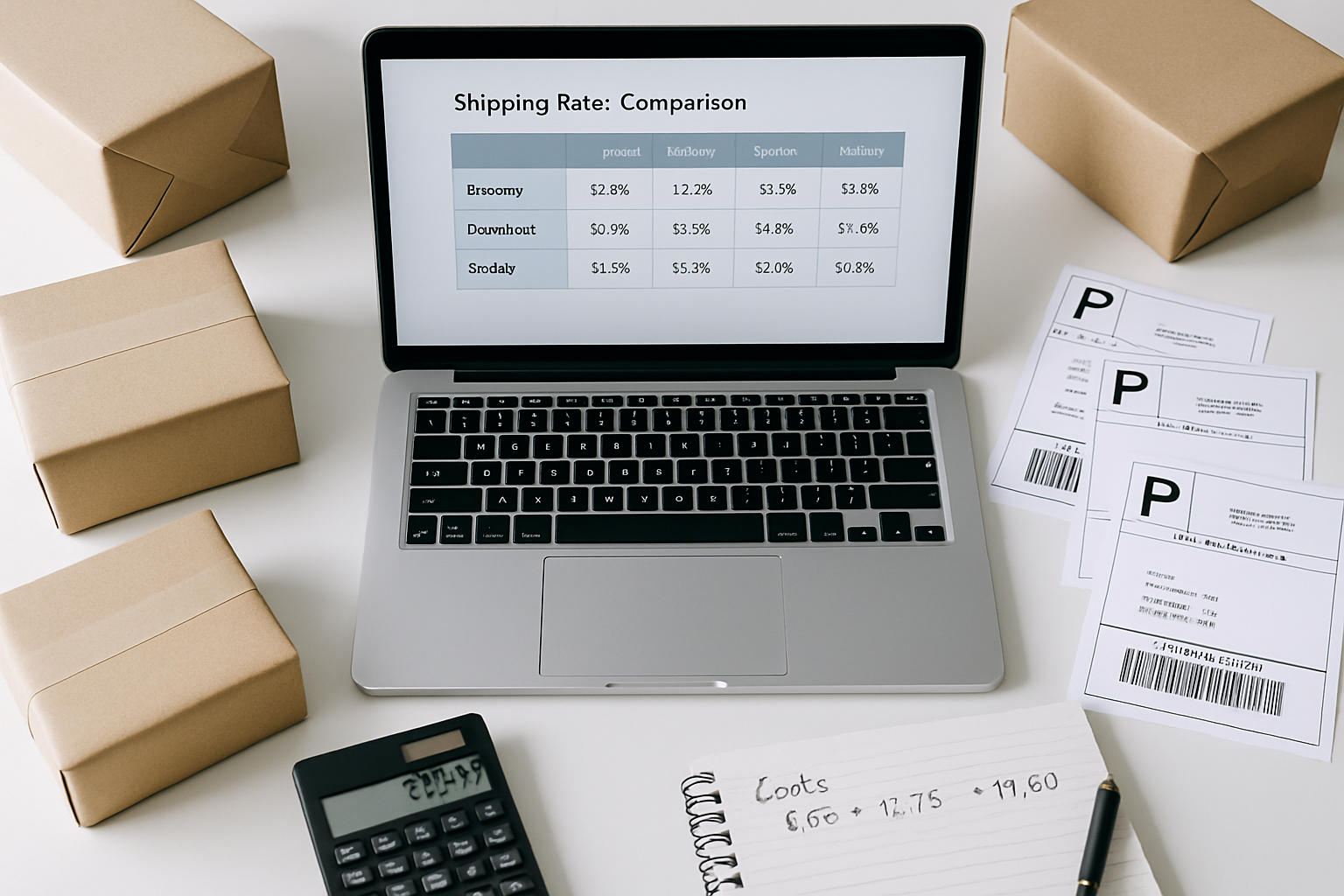 eCommerce business owner comparing shipping options on a laptop with calculator and packages on desk