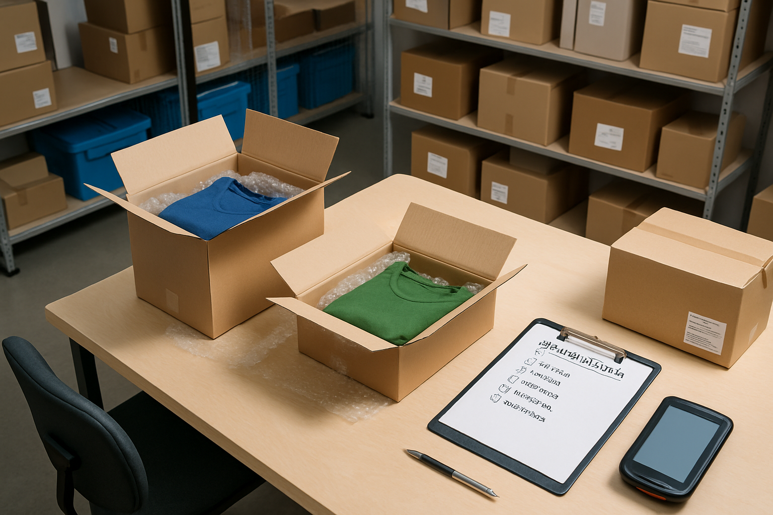 Organized warehouse workspace showing returned packages being inspected and sorted on a clean workbench with inventory management system
