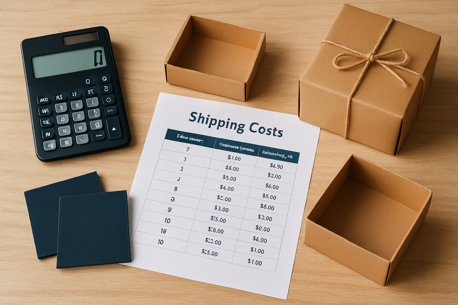 Small business owner analyzing shipping costs and profit margins on laptop with calculator and product packaging on desk
