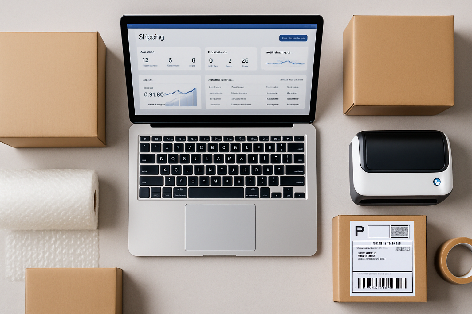 Modern eCommerce warehouse with organized shipping stations and packages being prepared for different carriers