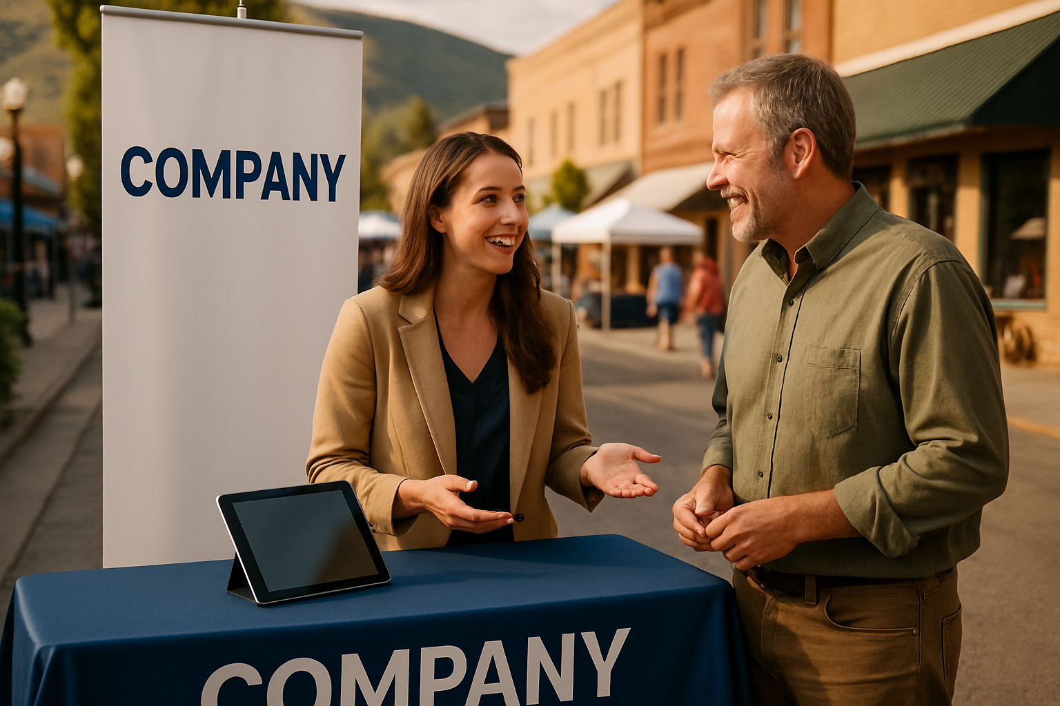 Local business booth at community event engaging with potential customers in Montana
