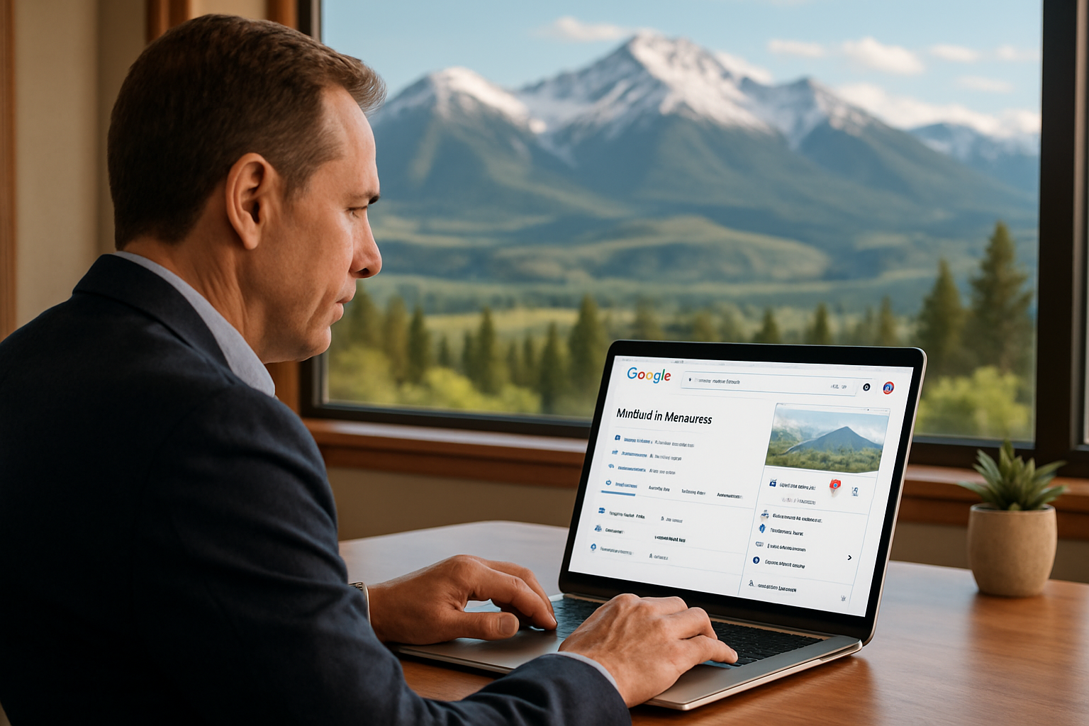 Business owner optimizing their Google Business Profile on a laptop with Montana landscape visible through window
