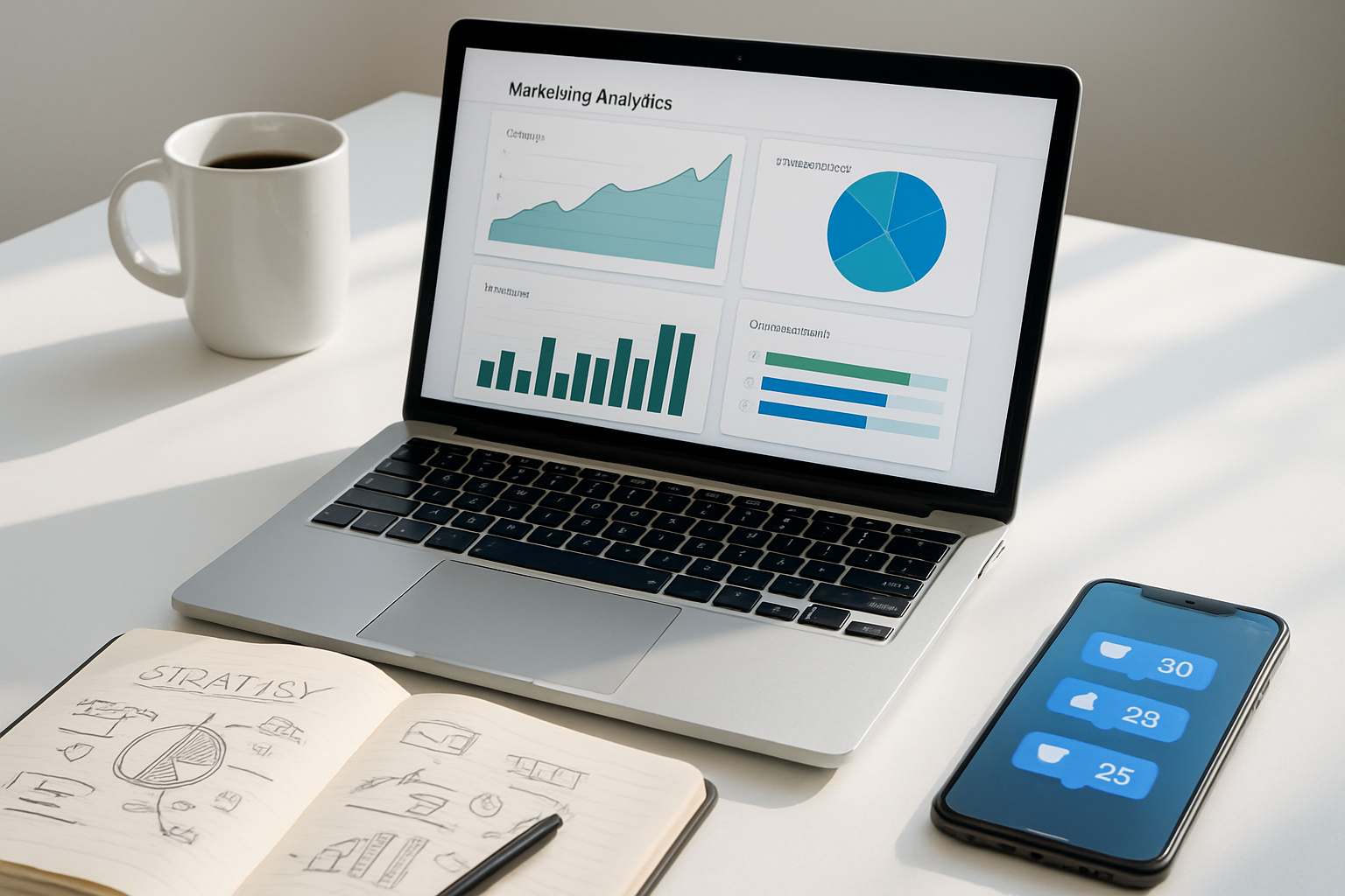 Modern workspace showing laptop with marketing analytics dashboard, coffee cup, notebook with lead generation strategy notes, and smartphone displaying social media engagement metrics