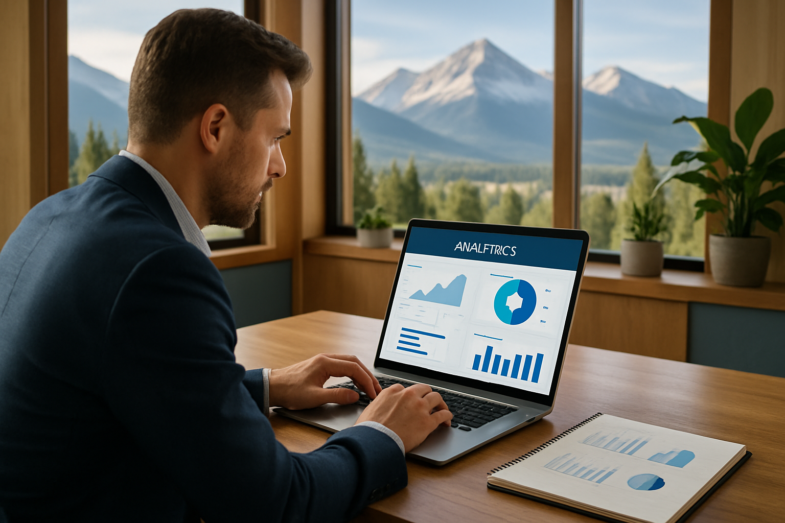 Local business owner reviewing lead generation analytics on laptop with Montana landscape visible through office window