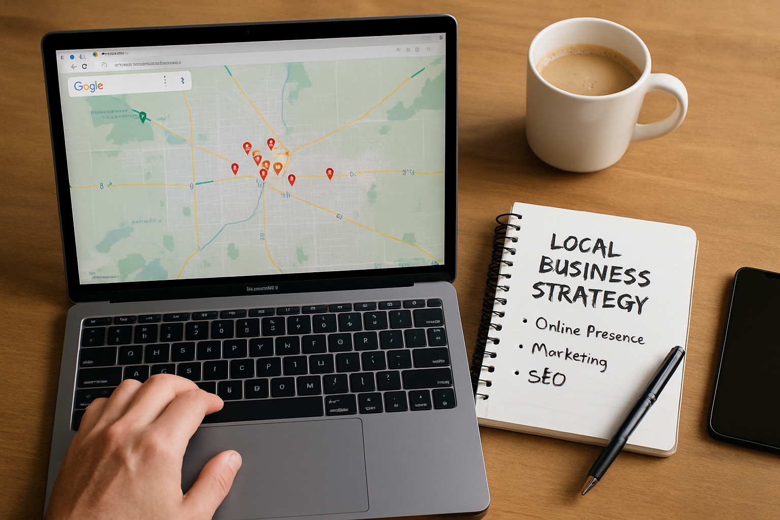 Montana business owner optimizing local search results on laptop with map showing nearby customers