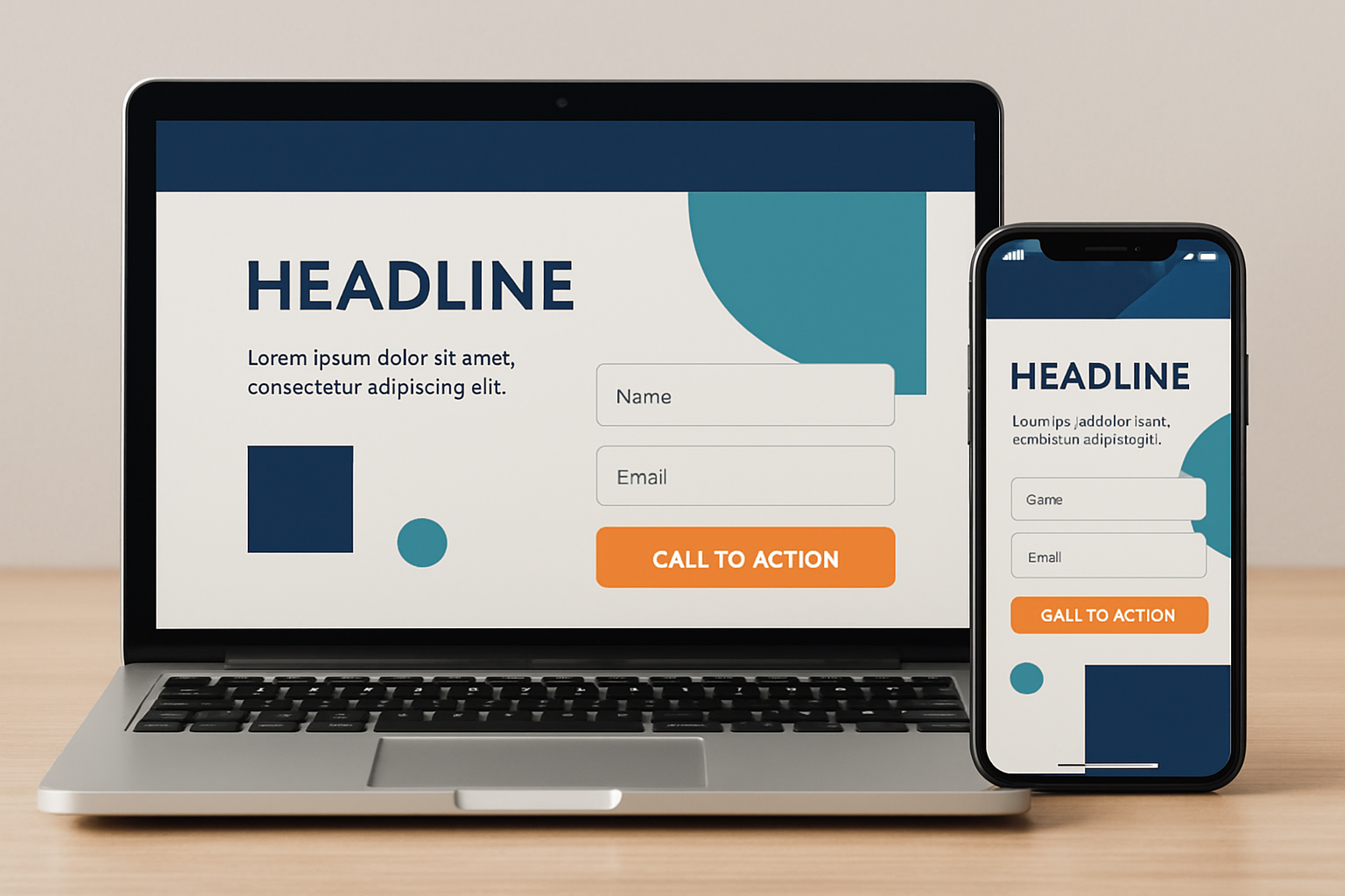 Clean, modern landing page design with simple form and clear call-to-action button on desktop and mobile devices