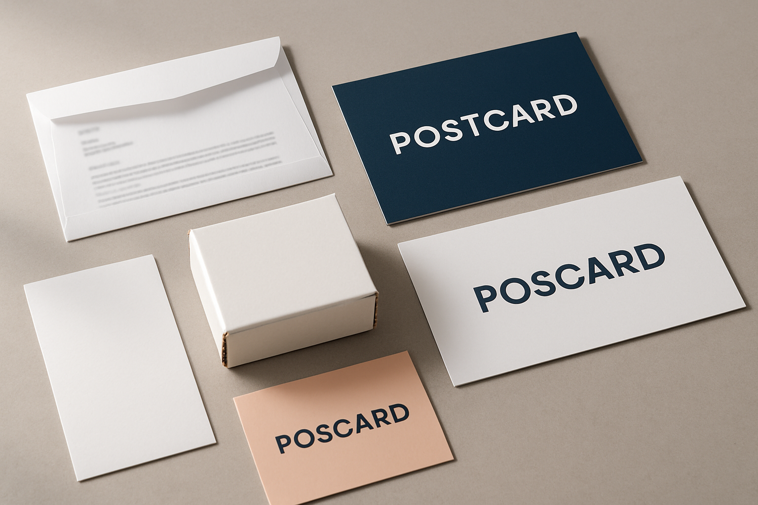 Professional direct mail pieces including postcards, letters, and dimensional packages arranged on a modern desk with Montana landscape visible through window