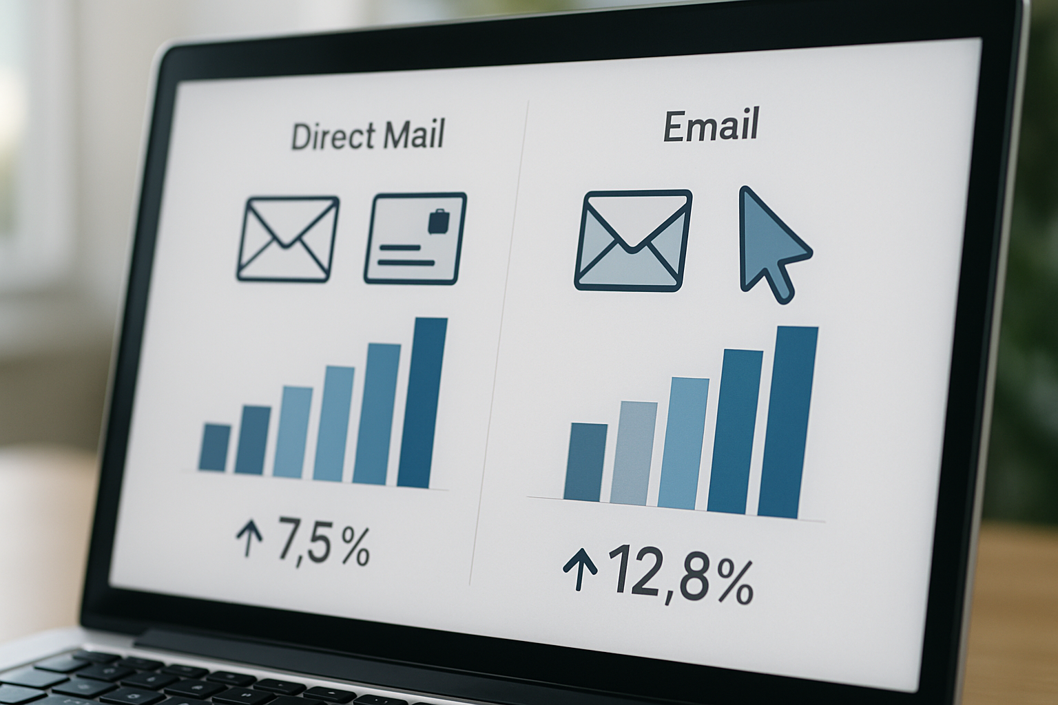 Comparison chart showing direct mail and email marketing performance metrics side by side with ROI calculations