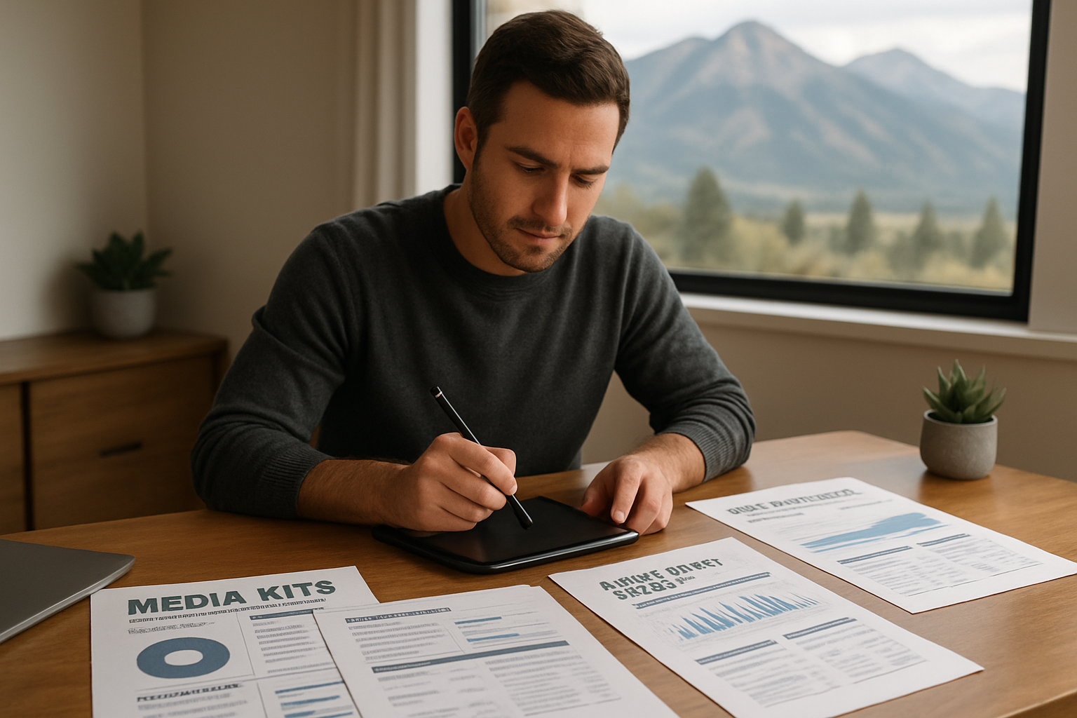 Business owner reviewing magazine media kits and circulation data at desk with Montana landscape visible through window