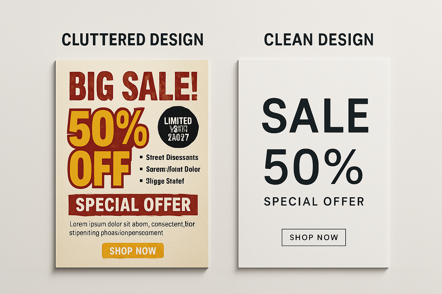 Professional designer reviewing print advertisement layouts with focus on typography and visual hierarchy