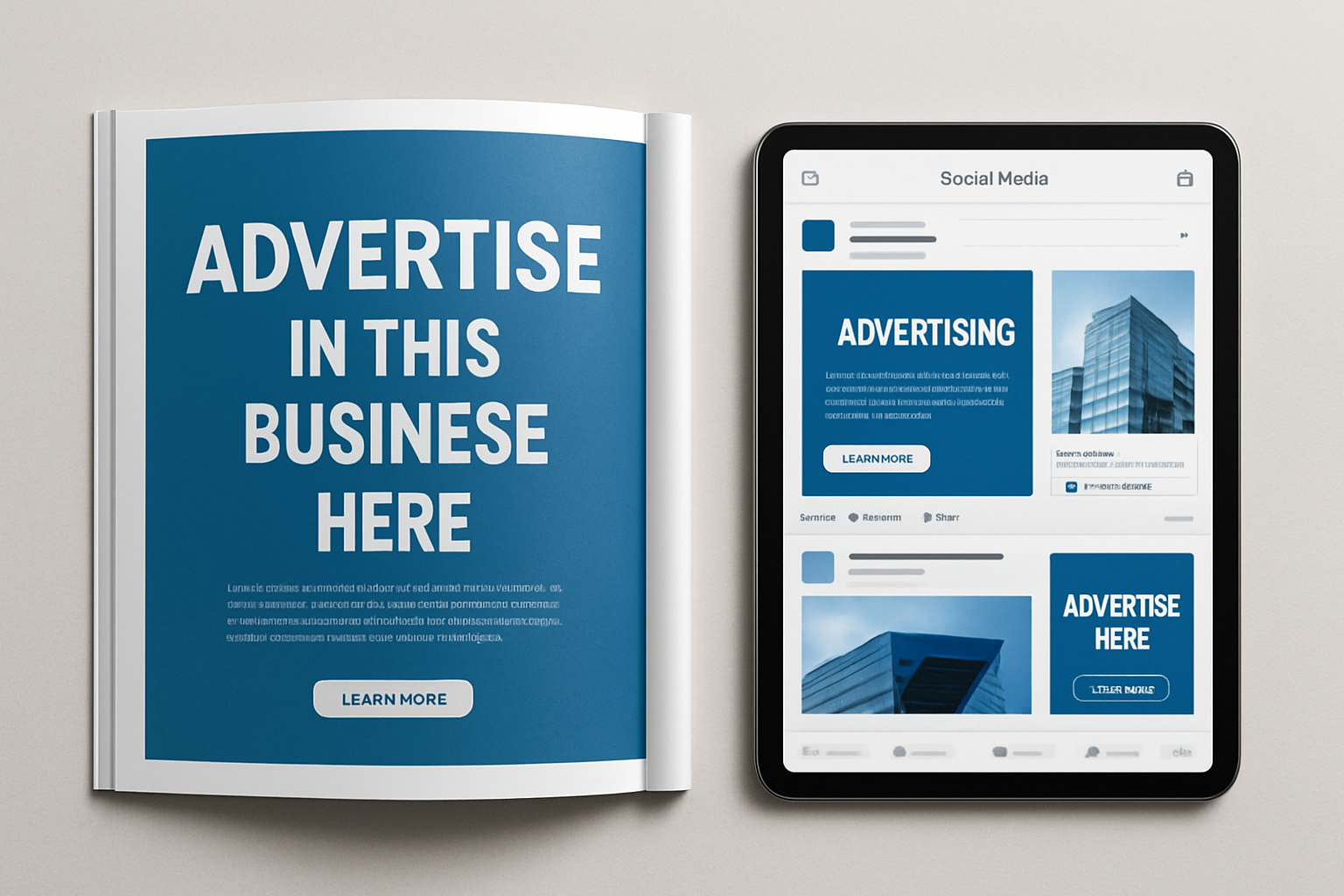 Split comparison showing traditional print newspaper advertisement on one side and modern digital mobile advertisement on the other side, professional business setting, clean composition with blue and gray tones