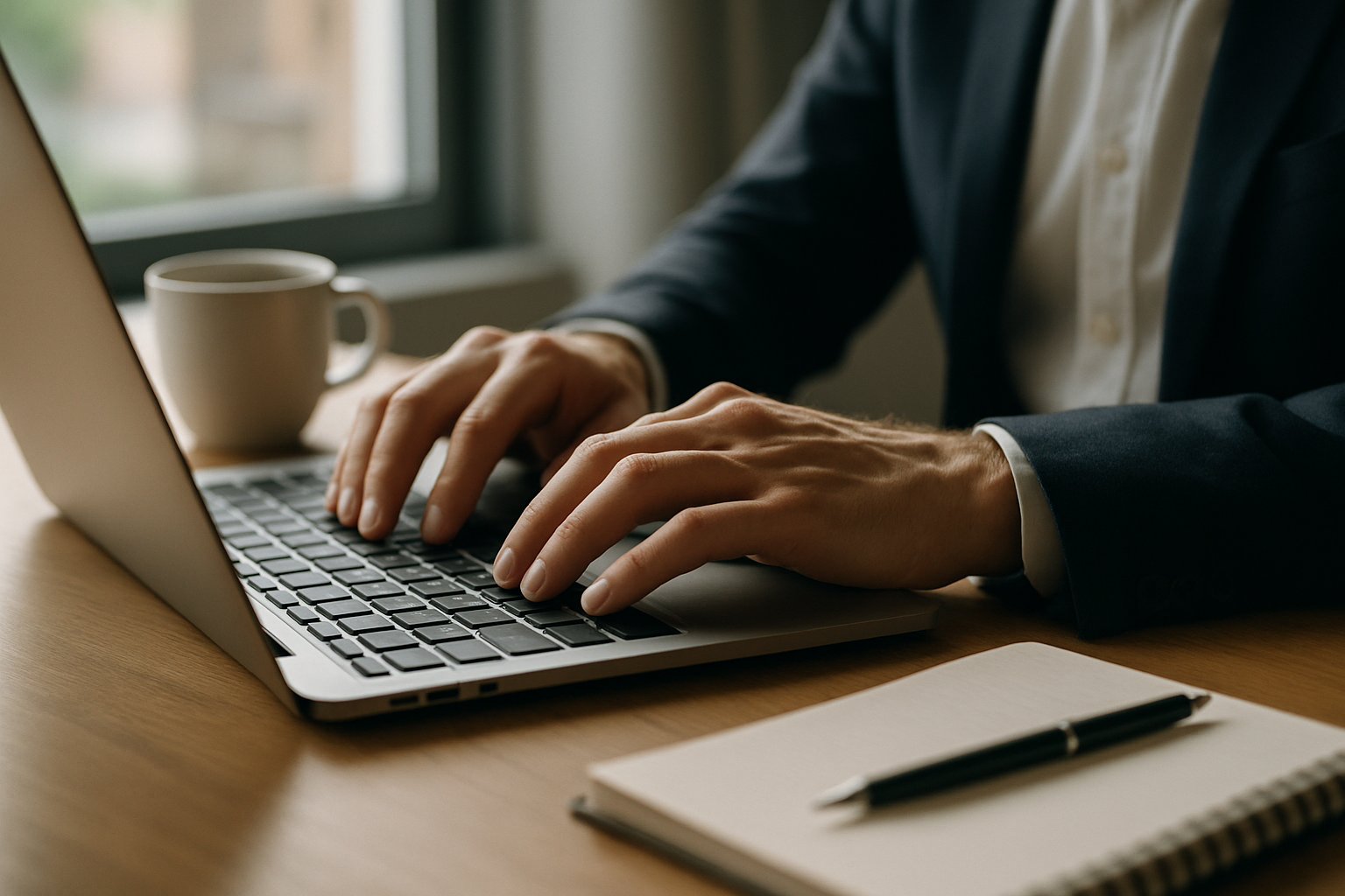 Business owner calmly reviewing customer feedback on laptop with coffee, professional office setting with natural light