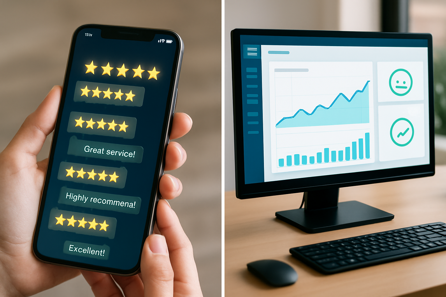 Small business owner reviewing customer feedback and online reviews on multiple devices showing reputation management dashboard