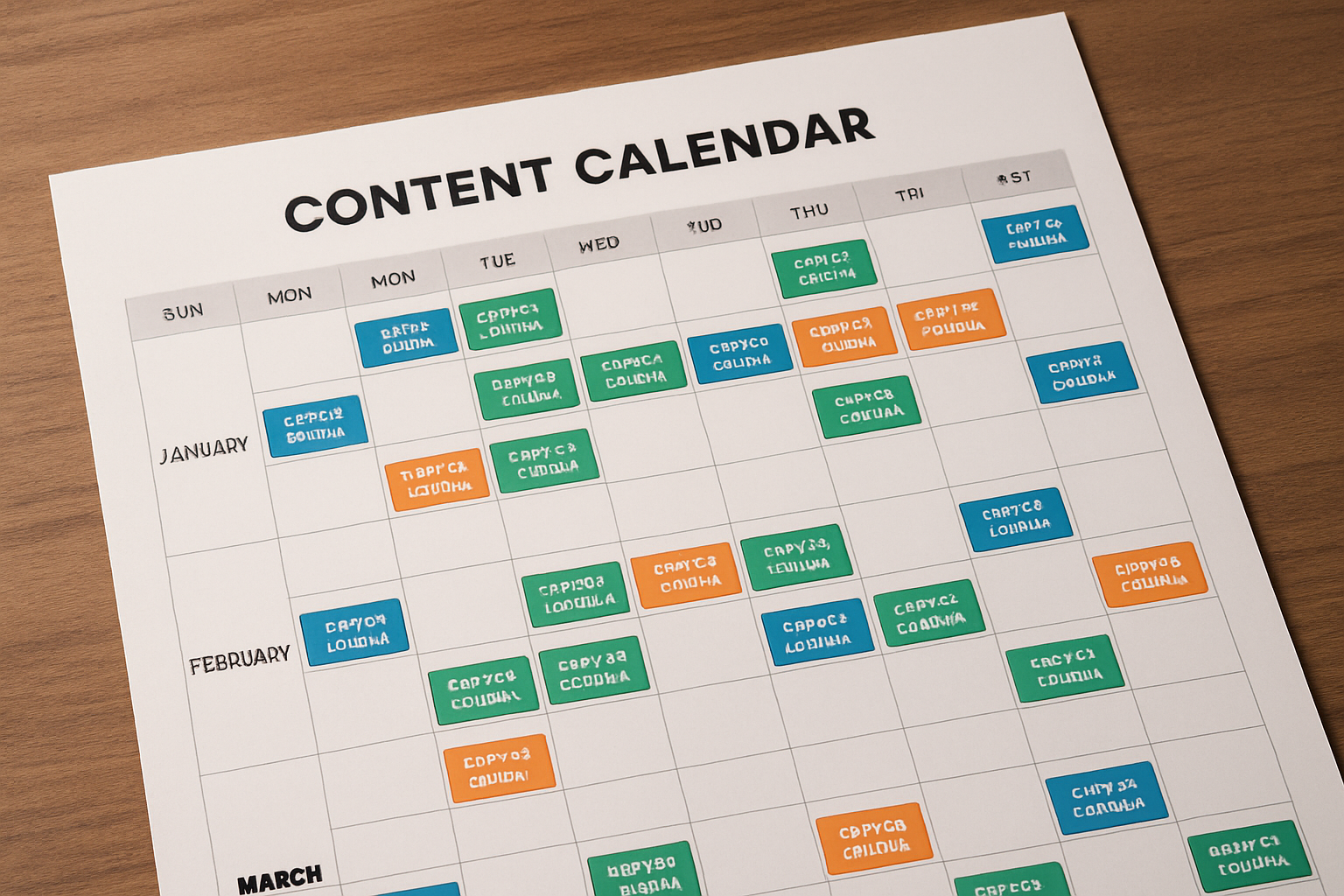 Digital content calendar showing strategic keyword planning and publishing schedule for SEO success
