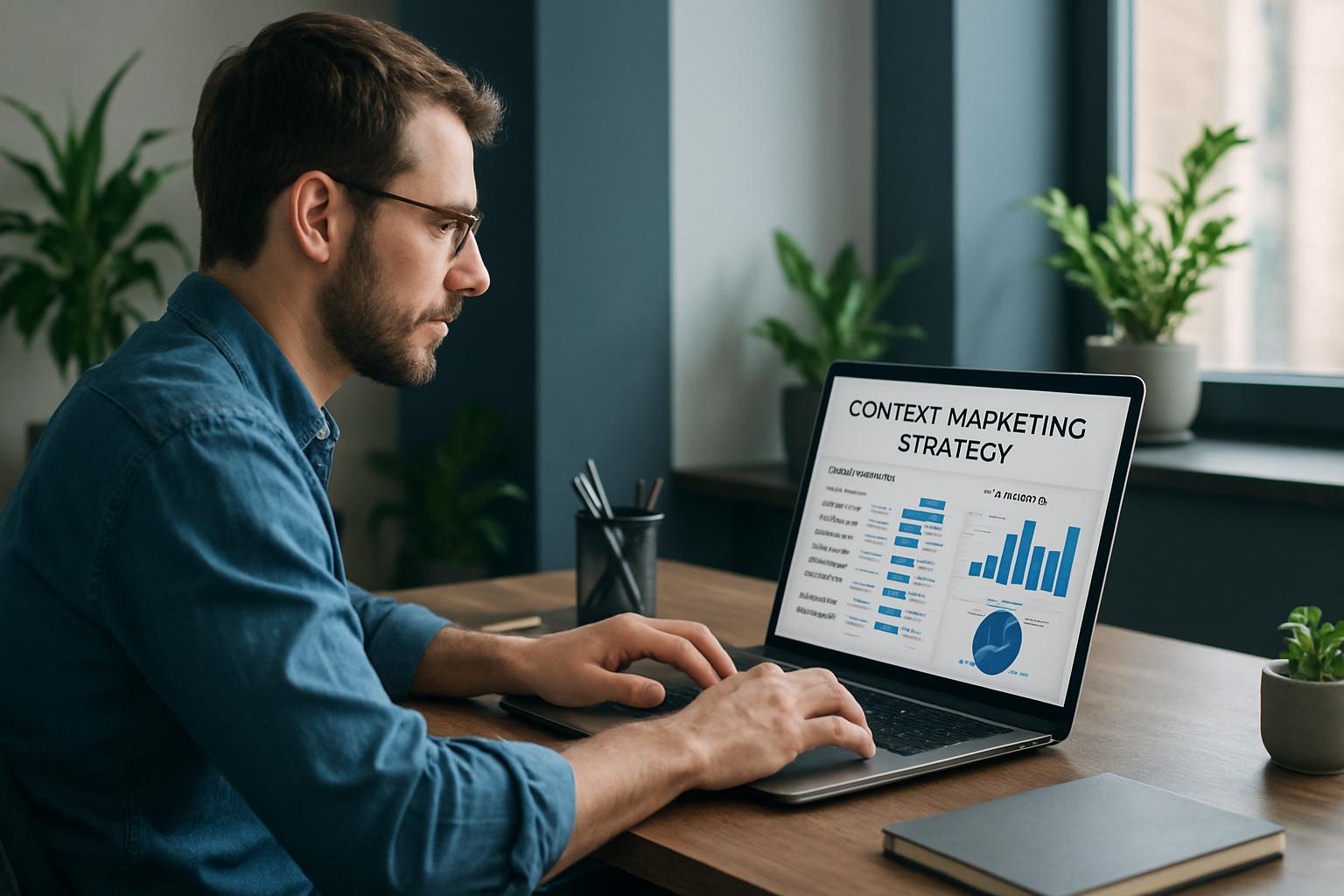 Small business owner analyzing keyword research data on laptop with charts showing search volume and competition metrics