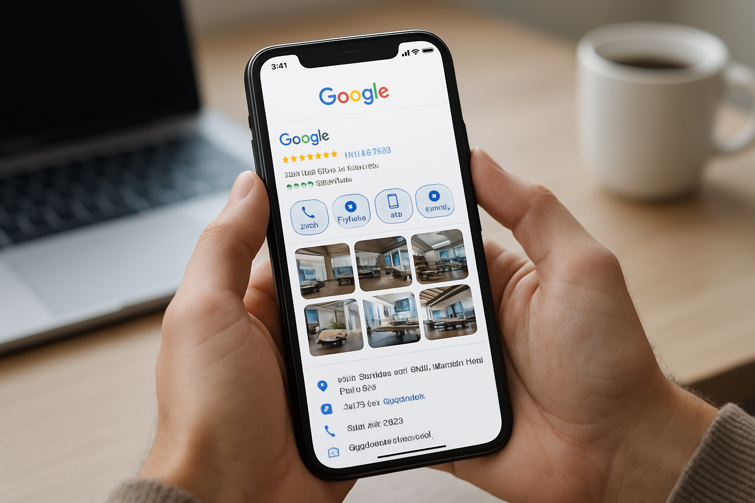 Modern small business owner updating Google Business Profile on laptop with smartphone showing optimized profile preview