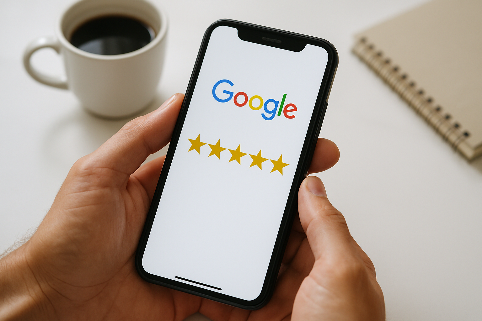 Business owner helping a satisfied customer on a smartphone showing a five-star review interface in a modern, bright retail environment