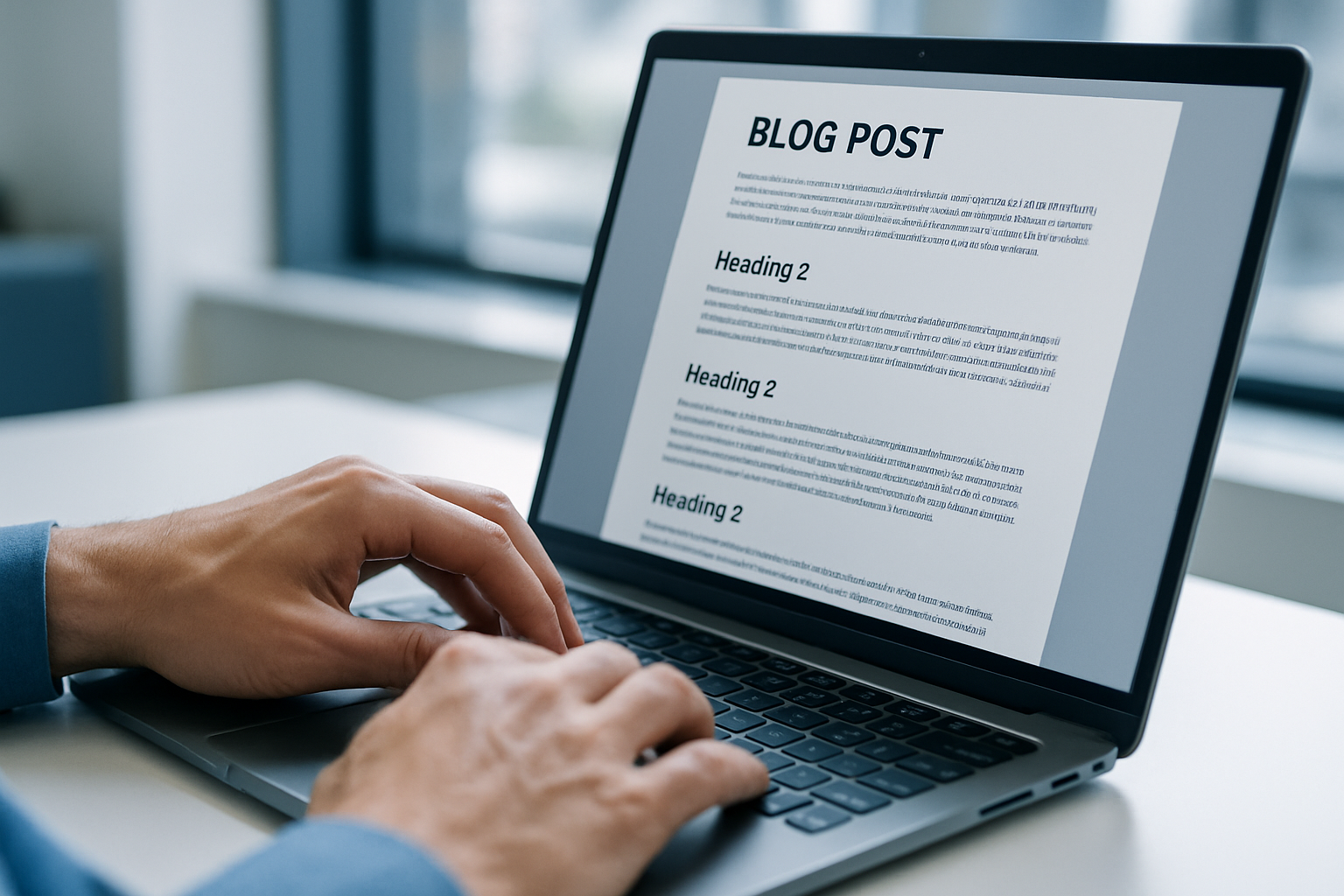 Writer typing on laptop with SEO checklist and content structure diagram visible on screen