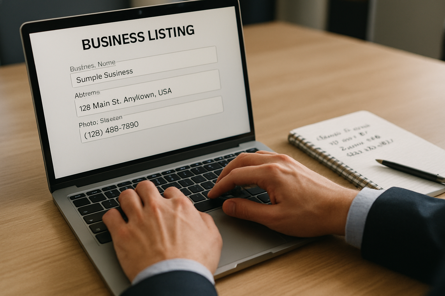 Business owner reviewing citation listings on laptop screen with coffee and notepad on wooden desk