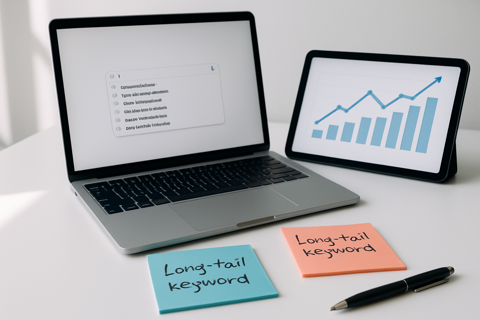 Small business owner analyzing keyword search data on laptop with coffee cup and notepad showing specific long-tail keyword phrases