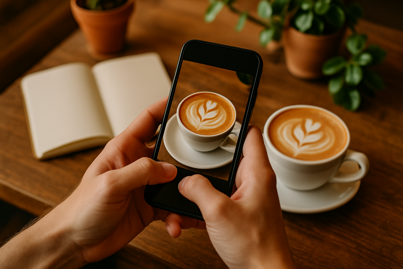Small business owner creating engaging social media content on smartphone with coffee shop interior in background