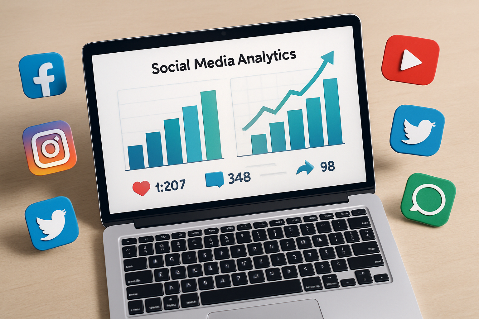 Small business owner reviewing social media analytics on laptop with coffee cup and smartphone showing engagement metrics