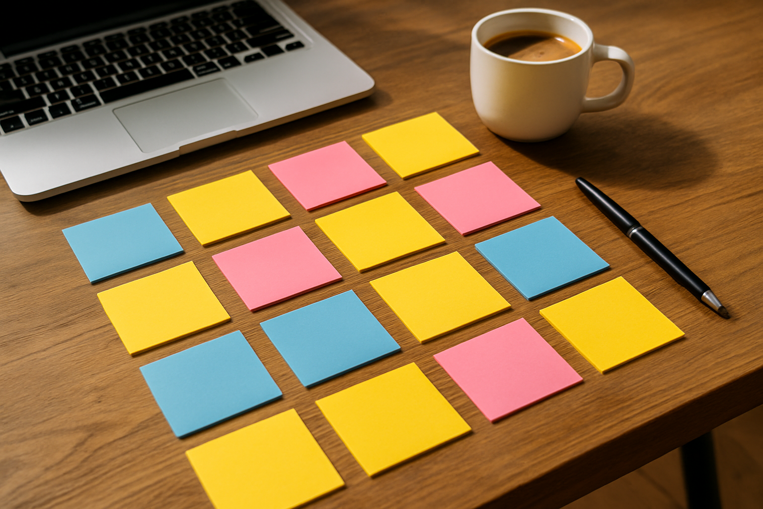 Small business owner planning social media content calendar on laptop with colorful sticky notes and coffee cup on wooden desk