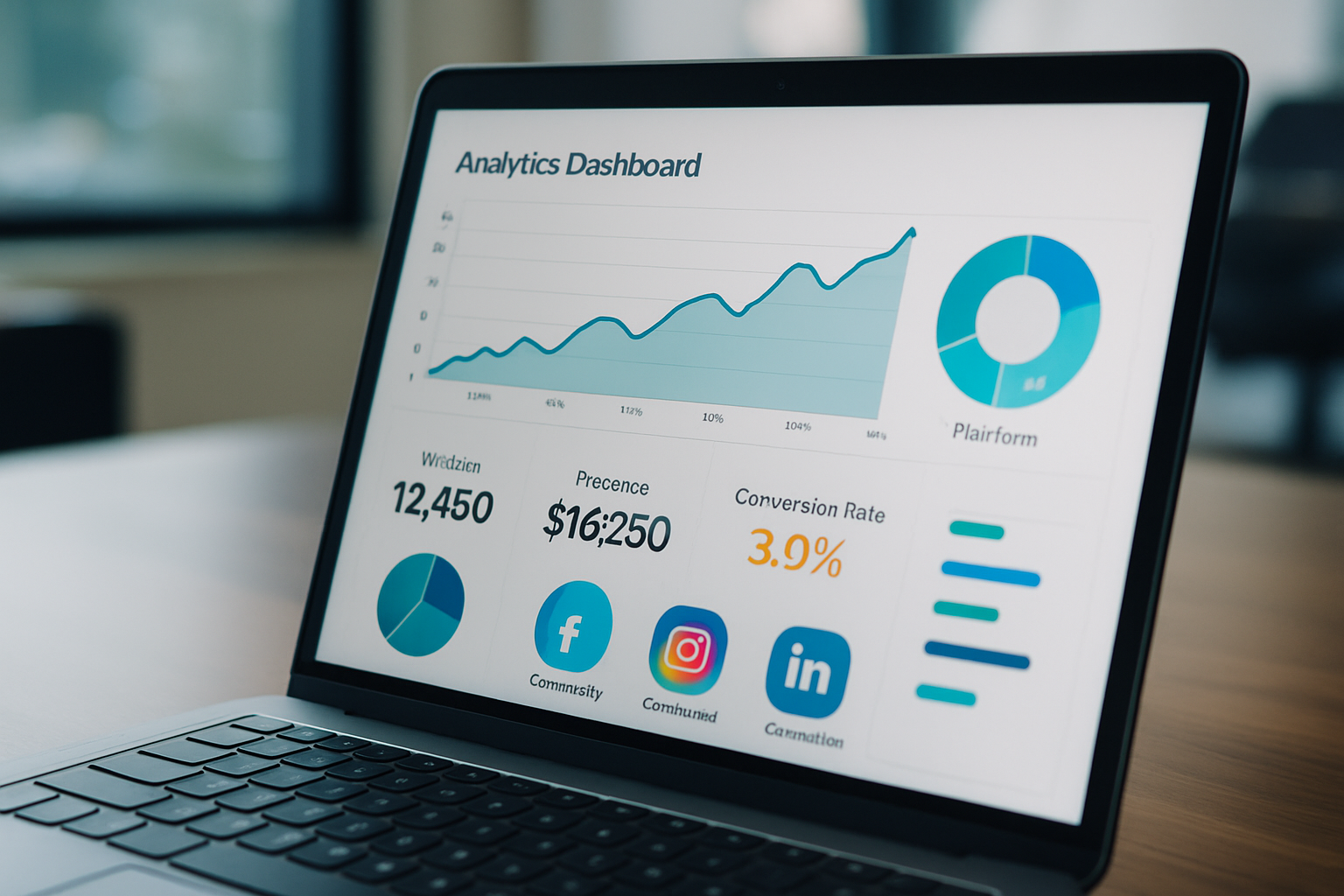 business owner analyzing social media analytics dashboard on laptop with graphs and metrics