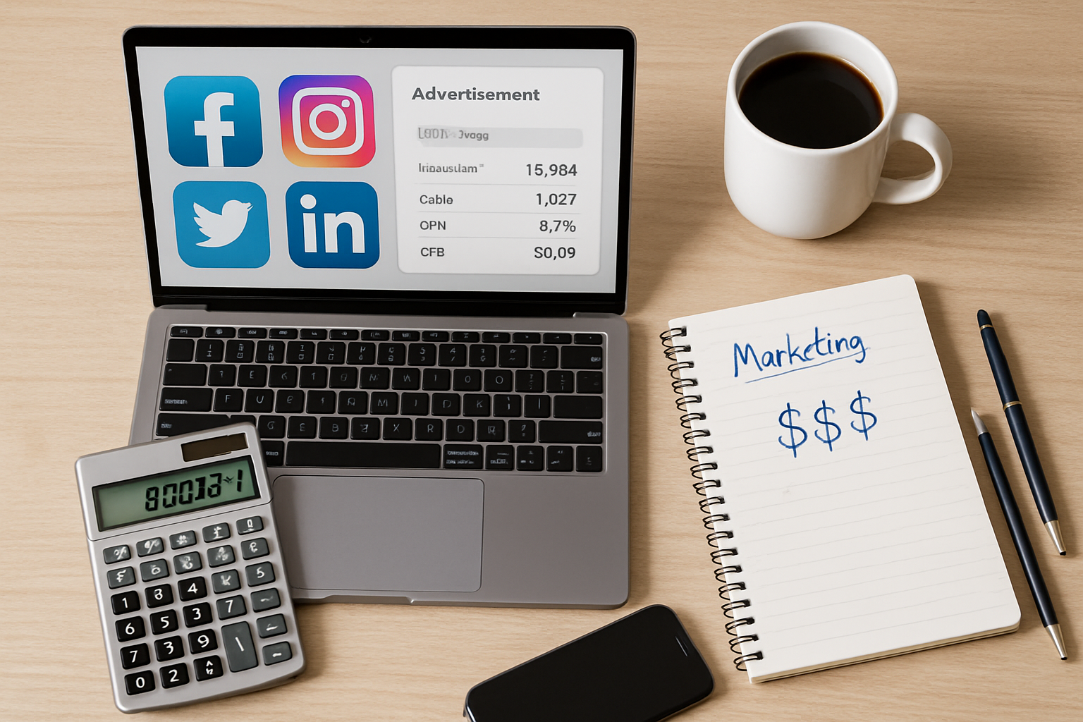 Small business owner analyzing social media advertising budget spreadsheet on laptop with coffee cup and calculator on desk