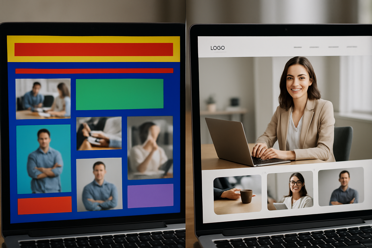 Split screen comparison showing an unprofessional website with cluttered layout and poor design next to a clean professional website with clear navigation and strong calls to action