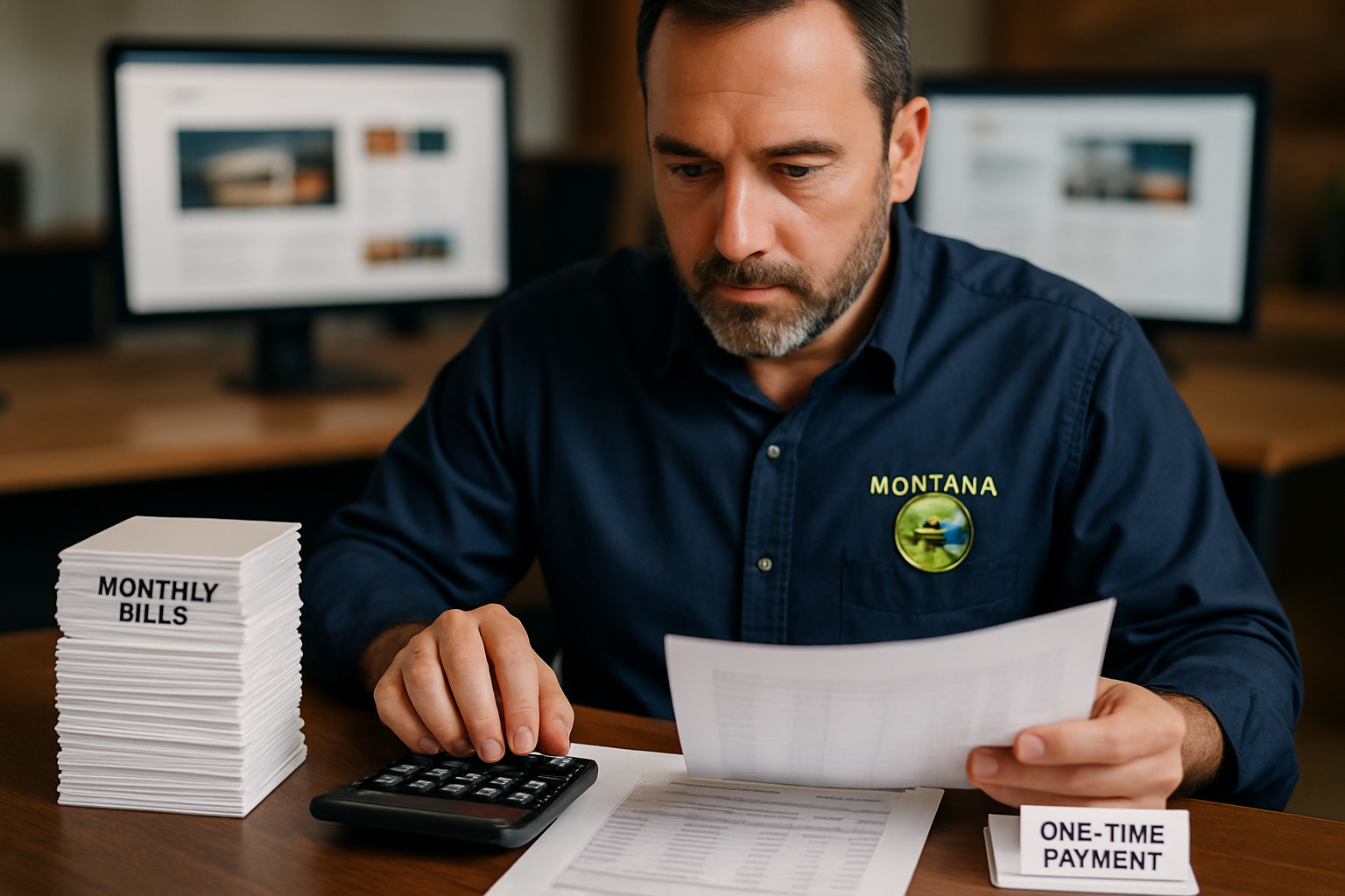 Montana business owner comparing website costs on calculator with professional agency design mockups on desk