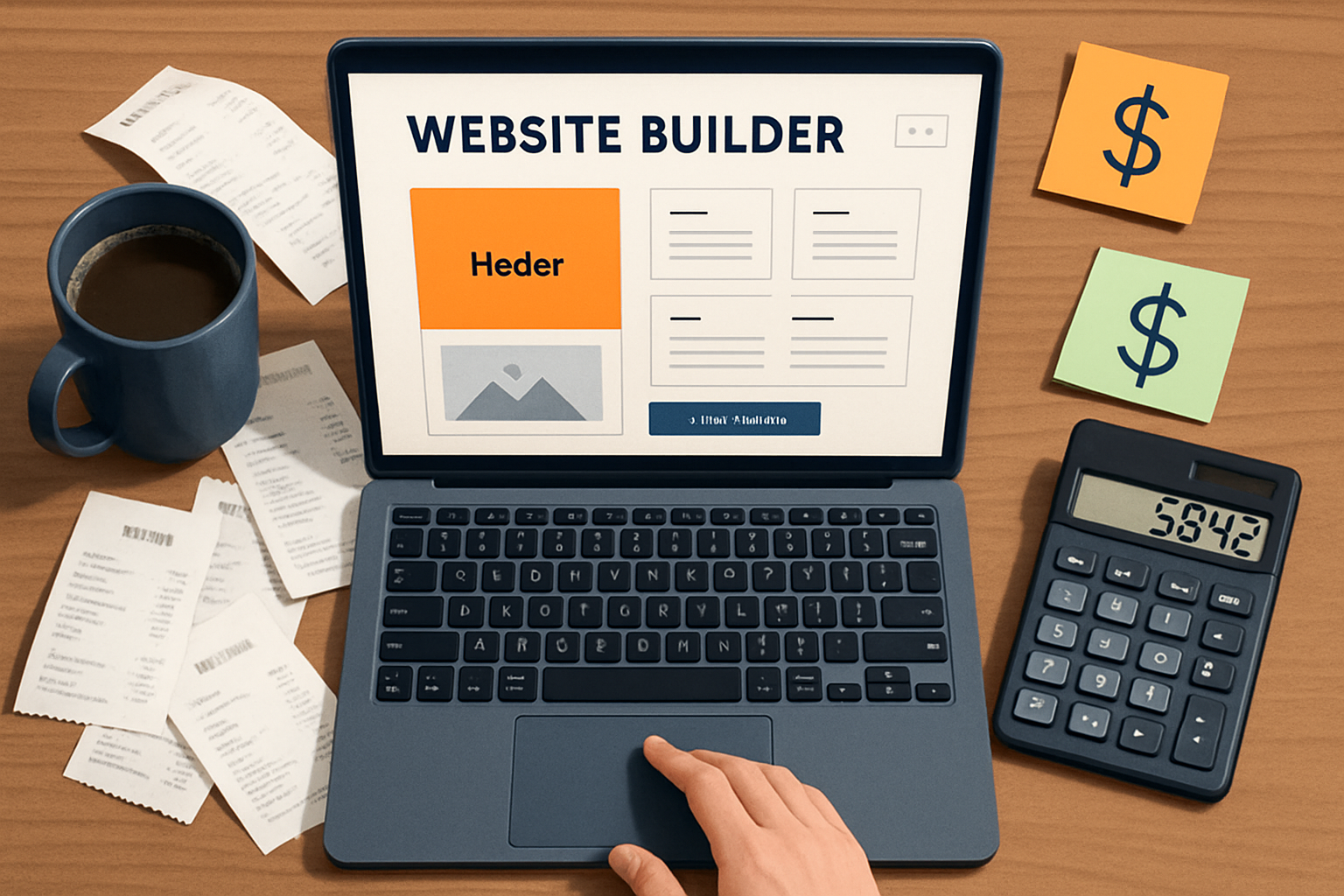 Business owner reviewing website expenses and plugin costs on laptop with calculator and receipts