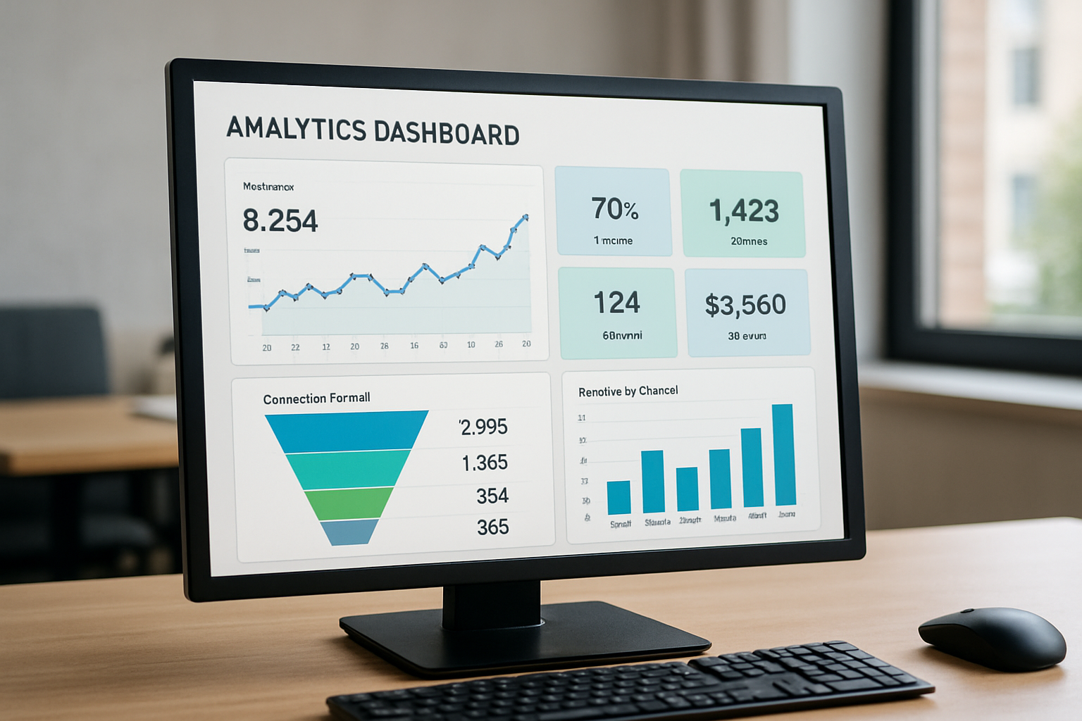 Dashboard showing website analytics with conversion metrics and ROI calculations on a modern computer screen
