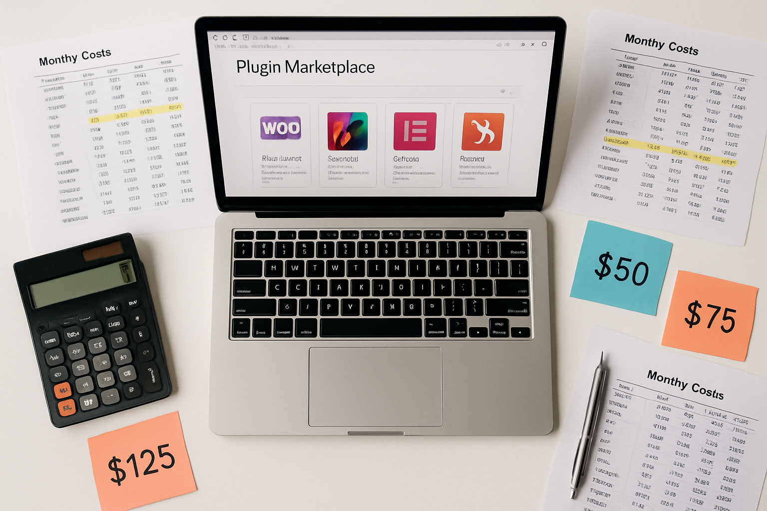 Business owner reviewing monthly plugin subscription costs on laptop with calculator and invoices spread across desk