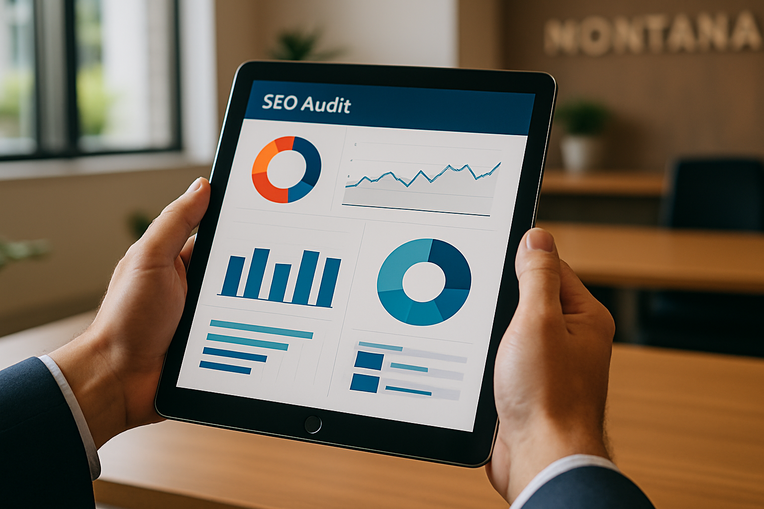 Montana business owner reviewing SEO audit report showing technical website errors and repair costs on laptop screen