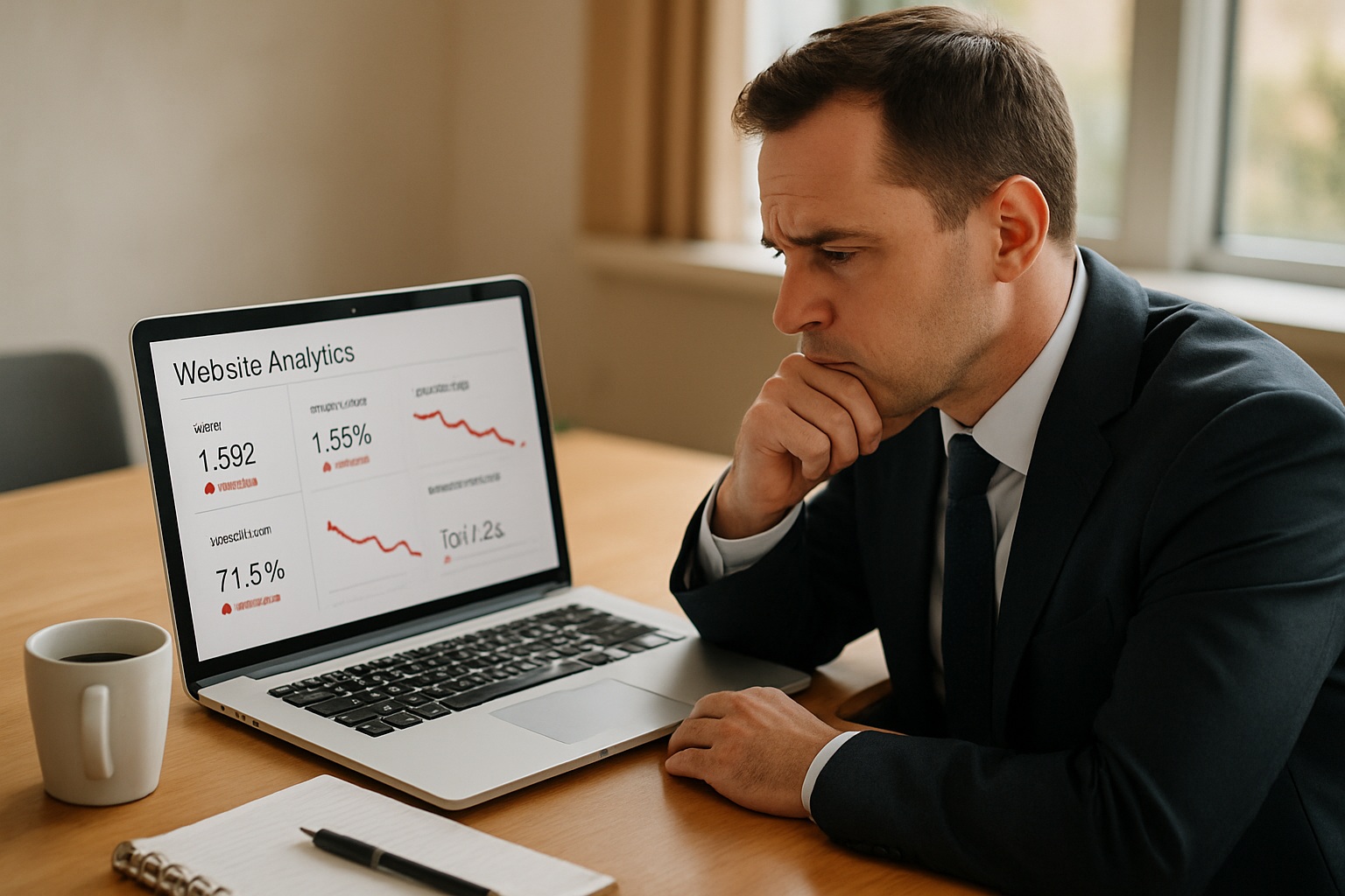 Business owner reviewing website analytics showing high bounce rates and poor performance metrics on a laptop screen