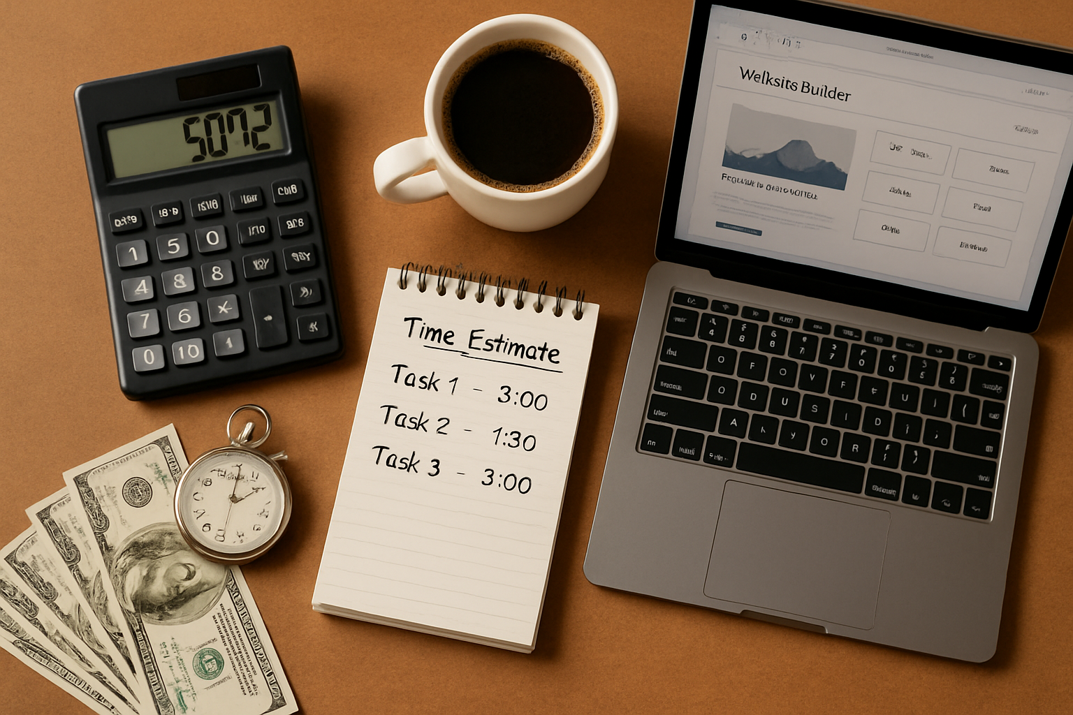 Montana business owner calculating time costs at desk with laptop and calculator, professional office setting with mountain view