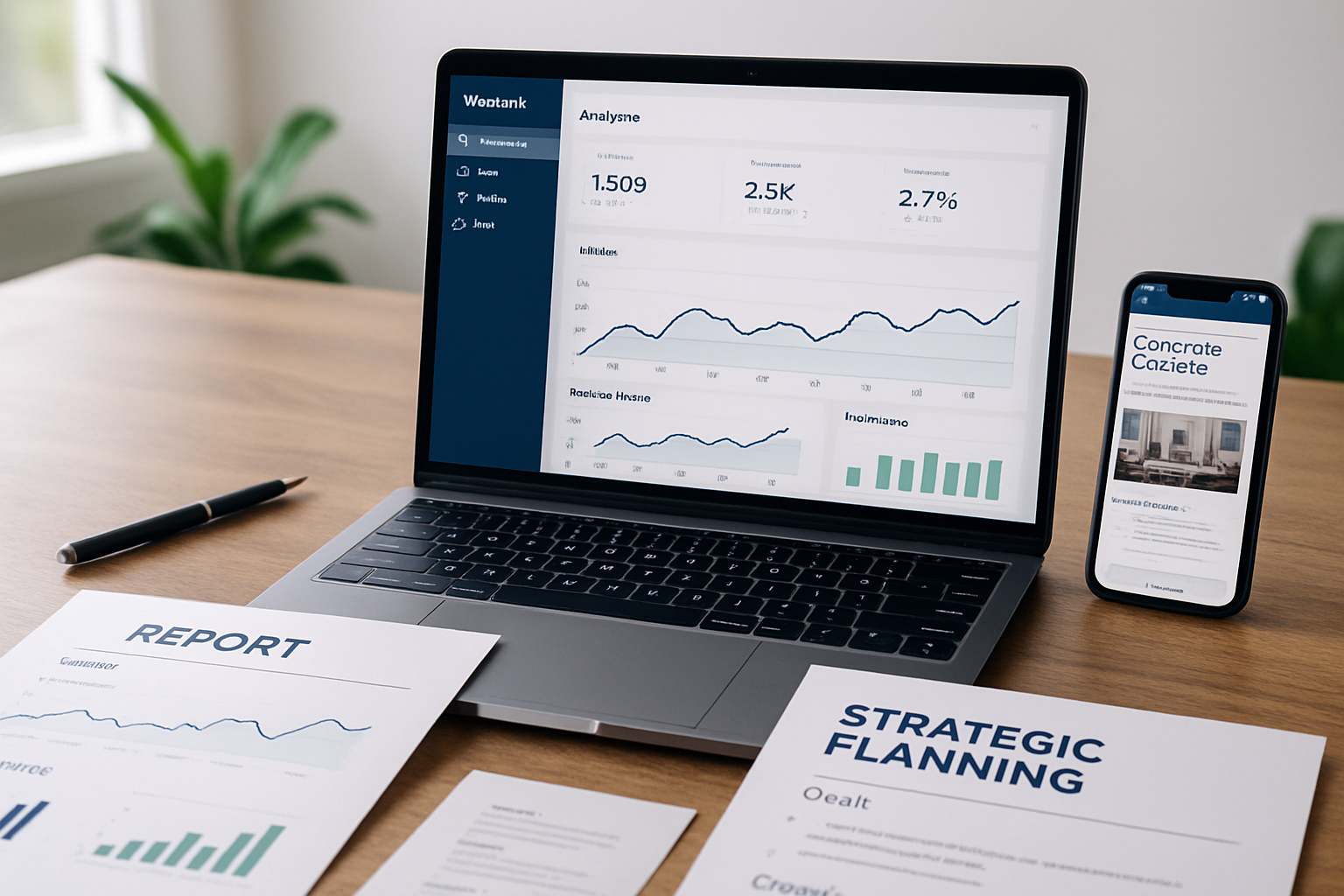 Professional business workspace with laptop showing website analytics dashboard and strategic planning documents